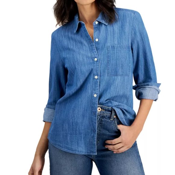 NWT Macy’s Style & Co Petite Chambray Button-Up Shirt in PS Petite Small - Picture 1 of 3